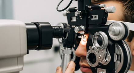 Fototapeta premium Close-up of a patient undergoing an eye examination using modern equipment for eye health and vision care