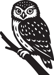 Obraz premium Owl perched on branch vector line drawing, Detailed bird in resting pose sketch
