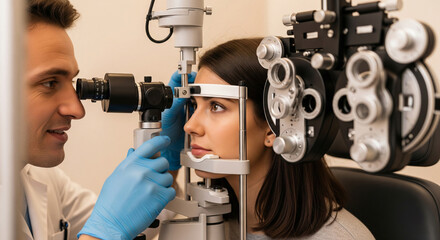 Close-up of a patient undergoing an eye examination using modern equipment for eye health and vision care