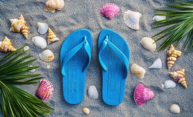 Flip flops and blue wooden on beach with seashells