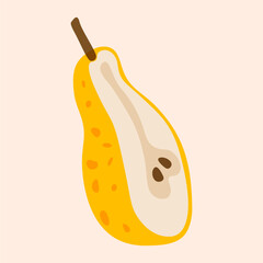 Pear fruit icon. Ripe sweet organic cutted slice of pear, abstract fresh delicious summer garden fruits for healthy diet, half of pear with seeds. Vector isolated illustration