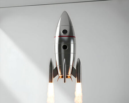 Silver Retro Rocket Ship Launching into Space