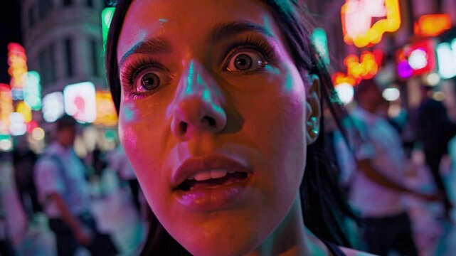 Captivating City Nightscape: A woman's wide-eyed, expressive gaze is at the forefront against the dynamic backdrop of an urban night scene illuminated by neon lights.