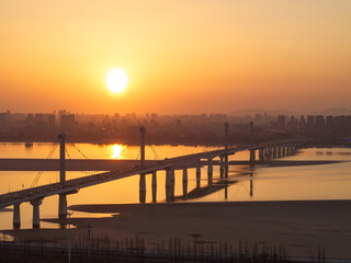 aerial view bridge during sunset