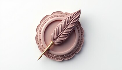 Elegant feather quill on decorative pink plate isolated on clean white