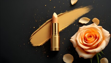 top view photo of ิgold lipstick black background with gold powder and light gold roses