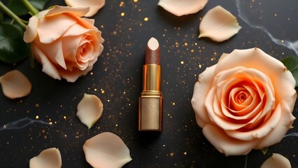 top view photo of ิgold lipstick black background with gold powder and light gold roses
