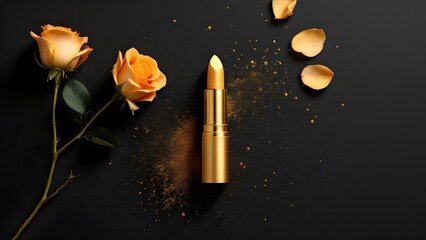 top view photo of ิgold lipstick black background with gold powder and light gold roses