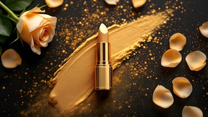 top view photo of ิgold lipstick black background with gold powder and light gold roses