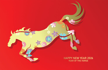 Golden zodiac horse sign with spring flowers pattern. Chinese new year of the horse 2026 greeting card banner.