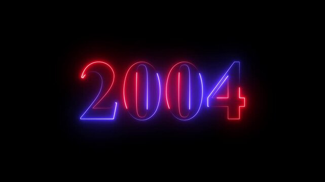 2004 neon line text animation. 2004 neon animation text glowing  on a black background . Happy new year 2004 greetings new year concept  4k video. 
