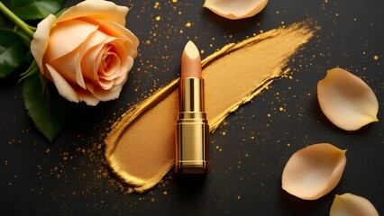 top view photo of ิgold lipstick black background with gold powder and light gold roses