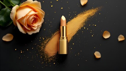 top view photo of ิgold lipstick black background with gold powder and light gold roses