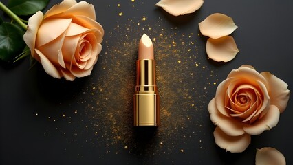 top view photo of ิgold lipstick black background with gold powder and light gold roses