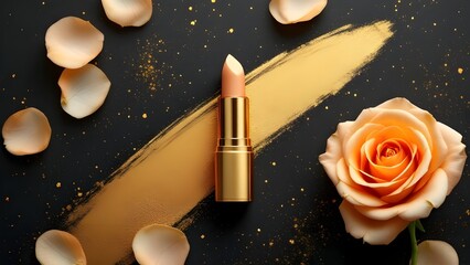 top view photo of ิgold lipstick black background with gold powder and light gold roses