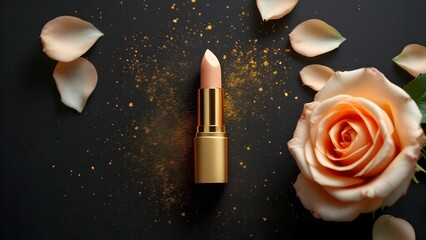 top view photo of ิgold lipstick black background with gold powder and light gold roses