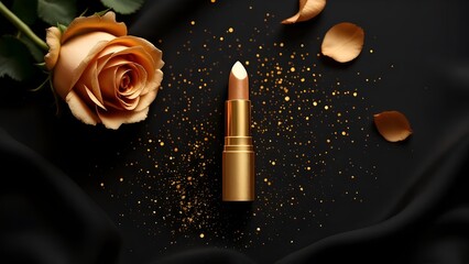 top view photo of ิgold lipstick black background with gold powder and light gold roses