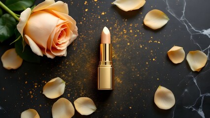 top view photo of ิgold lipstick black background with gold powder and light gold roses