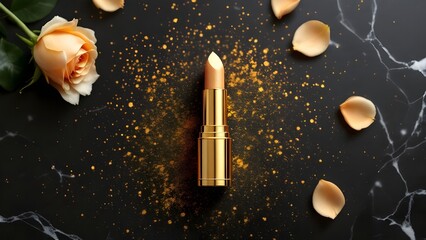 top view photo of ิgold lipstick black background with gold powder and light gold roses