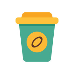 Modern beverage cup design in teal and yellow with centered brown coffee seed graphic in flat style