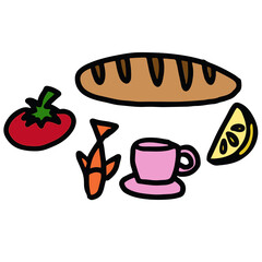 Hand drawn illustrations of fish, bread loaf, tomato, lemon, coffee cup for food, drink, decoration, snack, bakery, pastry, vegetable, fruits, learning materials, kids, children, stickers, cartoon