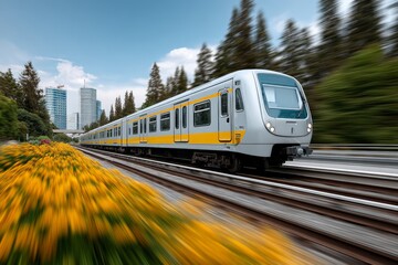 Naklejka premium A modern metro train speeds through a vibrant urban landscape surrounded by flowers