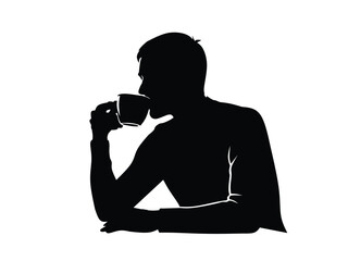 silhouette of a man drinking coffee isolated with white background 
