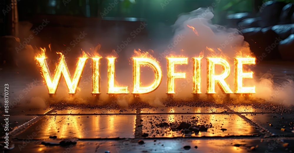 Poster fiery text spelling wildfire rests upon wet pavement. smoke surrounds glowing letters, creating dram