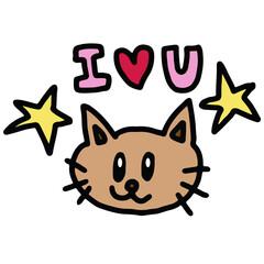 Hand drawn illustrations of cat, star, I heart u letters for cartoon characters, comic, mascot, cute patch, shirt print, kitten drawing, adopt and rescue animal, pet shop, vet, foster home, shelter