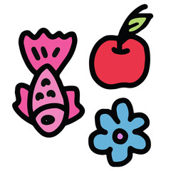 Hand drawn illustrations of fish, apple, flower for decoration, animal, pet shop, vet, fruit, floral print, spring, summer, learning materials, kids and children, stickers, cartoon, cute patch, brooch