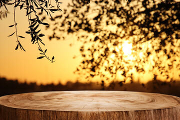 Empty rustic table in front of countryside background. product display and picnic concept