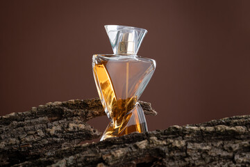 Bottle of Perfume on tree bark. Women's Eau De Parfum in Beautiful  Bottle. Modern Luxury Parfum De Toilett