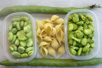 fresh broad beans with dry pasta on neutral background