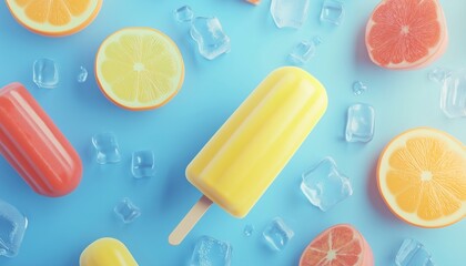 Sweet And Refreshing Summer Delight: Top View Of Ice Cream, Fruit, And Ice In Yellow, Orange, And Red On Blue Background