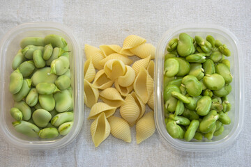 fresh broad beans with dry pasta on neutral background