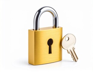 Key unlocking golden lock, solution concept, access symbol, opportunity, metallic details clearly visible