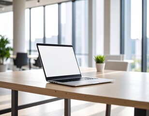 Laptop computer on clean desk setup, modern workspace, productivity concept, minimalist office, professional environment