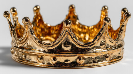 Golden crown with metallic reflections, isolated on white. Symbol of royalty and luxury.