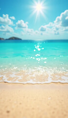 Obraz premium Tropical beach with white sand, turquoise sea and shining sun under clear blue sky – summer vacation and relaxation concept