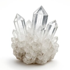 Transparent quartz crystal cluster on white background, sharp edges and raw structure reflecting purity, energy, and metaphysical symbolism. Generative AI