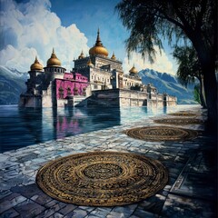 Golden Dharmachakra at Sunset Over Mountains 