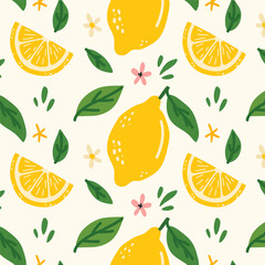 Lemon pattern in a fresh and summer style. Hand-drawn lemons with leaves and flowers. Perfect for packaging, textiles, backgrounds, wallpapers, cards, prints and decor. Citrus tropical fruits.