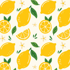 Lemon pattern in a fresh and summer style. Hand-drawn lemons with leaves and flowers. Perfect for packaging, textiles, backgrounds, wallpapers, cards, prints and decor. Citrus tropical fruits.