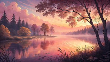 Obraz premium Beautiful serene landscape of a reflective lake during a dreamy and vibrant sunset.