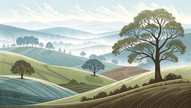 Idyllic landscape illustration featuring rolling hills trees and a serene atmospheric view