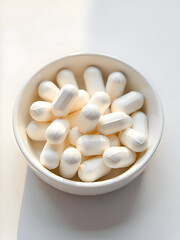 White capsules in round dish