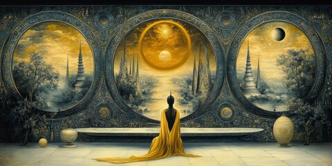 Golden Dharmachakra at Sunset Over Mountains 