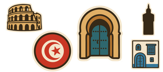 Tunisia Landmarks Vector Stickers – Historic Architecture, Flag, Door and Cultural Icons – Transparent Background
