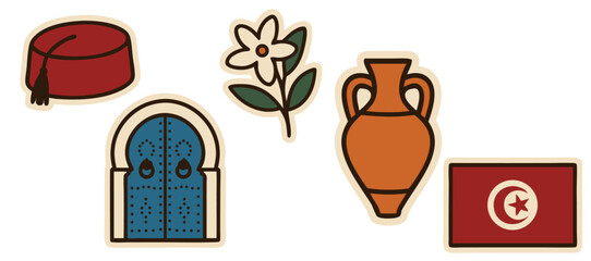 Tunisia Traditional Culture Vector Stickers – Fez Hat, Jasmine, Door, Pottery and Flag Icons – Transparent Background
