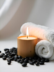 Bamboo candle towel and pebbles